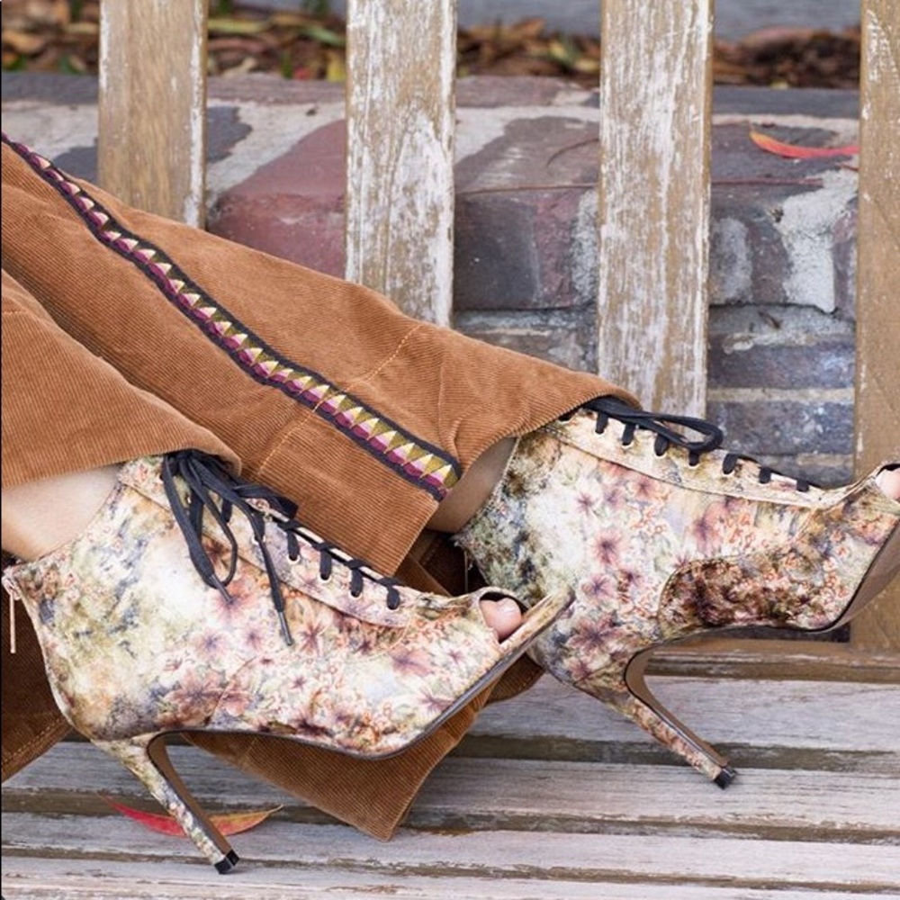 Nanette Lepore Lace Up Velvet Floral Booties